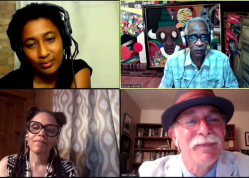Tomeika Reid, Roscoe Mitchell, Nicole Mitchell and Mark Stryker on Zoom screen